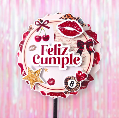 Big topper 3D "Feliz cumple" cereza glamour
