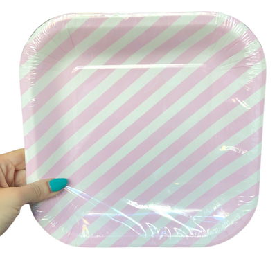 Plato cuadrado rayas rosa pastel y blancas 12x23cm x10 unidades