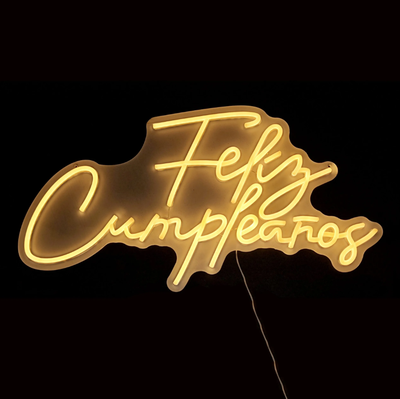Cartel "Feliz Cumpleaños" NEON blanco cálido a 220v en caja marrón (ZLE-LNFE-01)