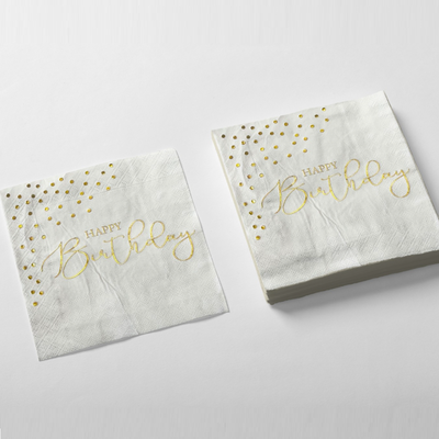 Servilleta blanca "Happy Birthday" dorado x24 unidades