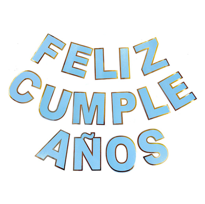 Banderín "feliz cumpleaños" CELESTE PASTEL silueta con contorno dorado