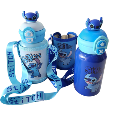 Botella térmica infantil STITCH doble pico 500ml de acero inoxidable con funda