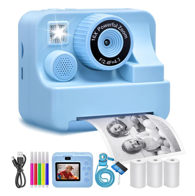 Cámara fotográfica infantil CELESTE con impresora incluye 2 rollos y fibra (XZ0810)
