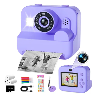 Cámara fotográfica infantil LILA con impresora incluye 2 rollos y fibra (XZ0810)