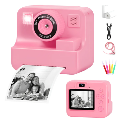 Cámara fotográfica infantil ROSA con impresora incluye 2 rollos y fibra (XZ0810)