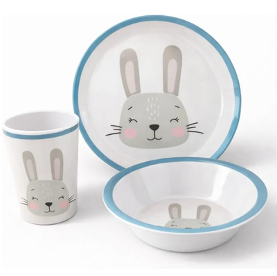 Set x3 unidades CONEJITA CELESTE incluye plato, vaso y bowl de melamina