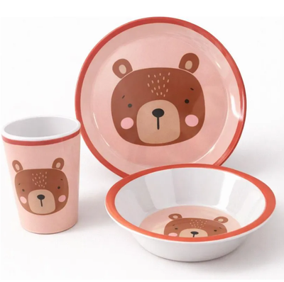 Set x3 unidades OSO ROJO incluye plato, vaso y bowl de melamina