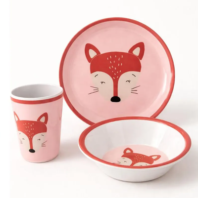 Set x3 unidades ZORRITA ROJA incluye plato, vaso y bowl de melamina