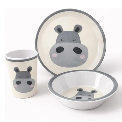 Set x3 unidades HIPOPÓTAMO GRIS incluye plato, vaso y bowl de melamina