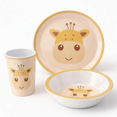Set x3 unidades JIRAFA MARRON incluye plato, vaso y bowl de melamina