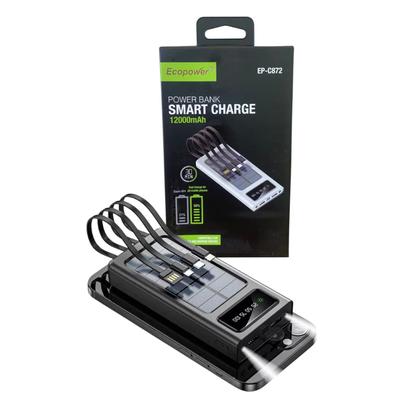 Power bank cargador portátil 12000mAh ECOPOWER con carga solar y linterna 4 en 1 (EP-C872)