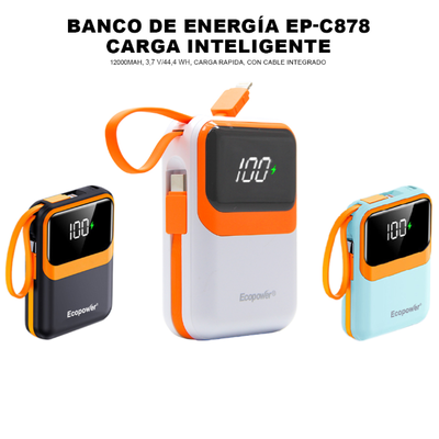 Power bank cargador portátil 12000mAh ECOPOWER TIPO C y IPHONE (EP-C878)