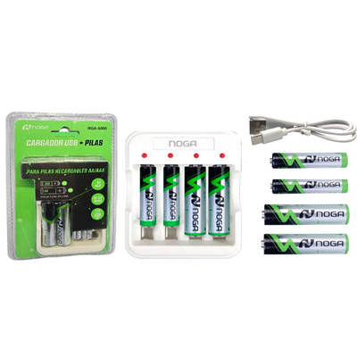 Cargador de pilas regulable USB con pilas AA y AAA incluídas en blister (NGA-5300)
