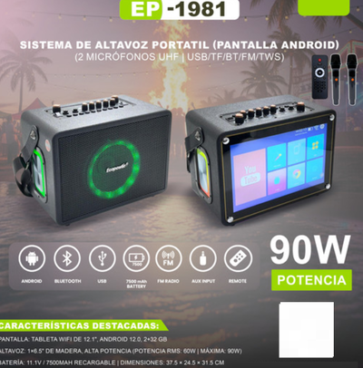 Parlante portátil recargable ECOPOWER con pantalla táctil incluye 2 micrófonos (EP-1981)