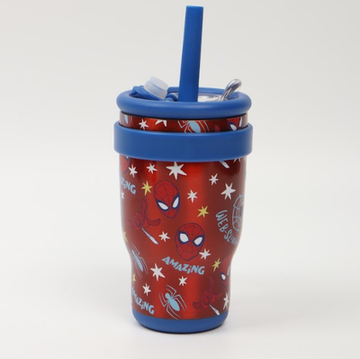 Vaso térmico SPIDERMAN acero inoxidable doble pico con manija y sorbete de silicona 400ml (DSM8366)