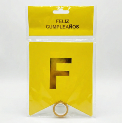 Banderín "feliz cumpleaños" AMARILLO GRANDE con dorado