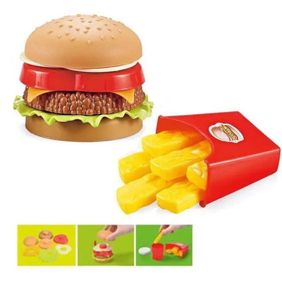 Set de comida de plástico hamburguesa y papas fritas en caja