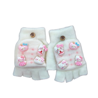 Guantes blanco SIN DEDOS para niños KITTY con apliques ROSA (2-4 años)