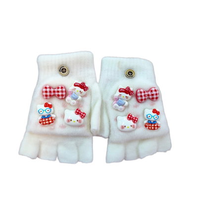 Guantes blanco SIN DEDOS para niños KITTY con apliques ROJO (2-4 años)