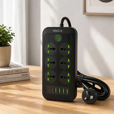 Zapatilla alargue con 6 tomas 220v 4 USB 2 TIPO C 2500w en caja (BN0468)