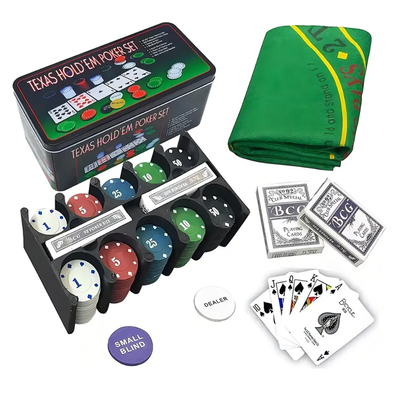 Fichas de poker en lata GRANDE. 200 fichas más Dealer con 2 masos de naipes y paño