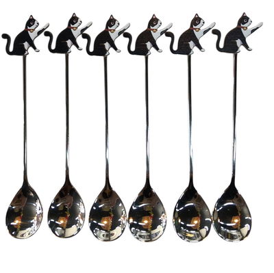 Cucharita GATO NEGRO Y BLANCO de acero x6 unidades (MT9950)