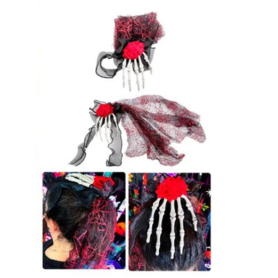 Hebilla clip mano esqueleto con flor y velo halloween x1 unidad