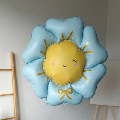 Globo flor con carita feliz grande CELESTE 100x104cm aprox.