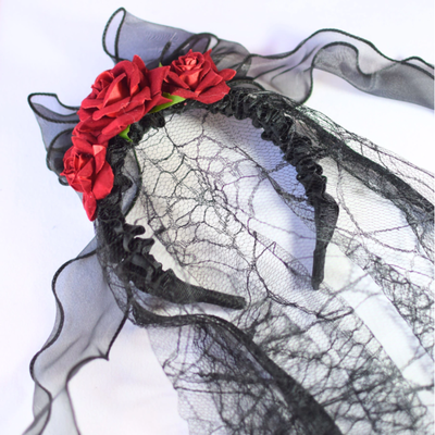 Vincha flor roja con velo halloween x1 unidad