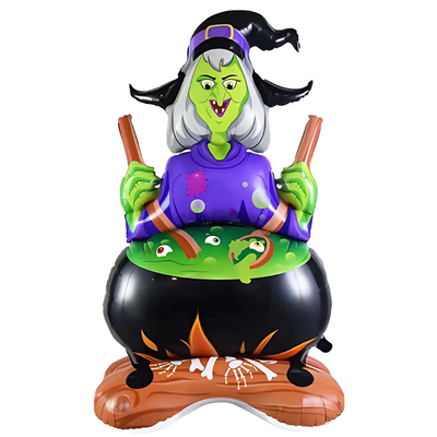 Globo halloween bruja verde con base, enorme, 1.10mts