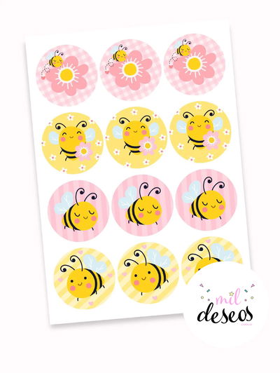Sticker abejita amarillo y rosa x12 unidades