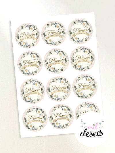 Sticker Comunión flores BLANCAS x12