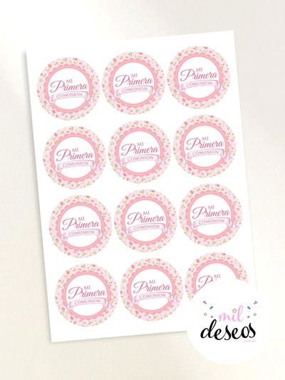 Sticker Comunión flores ROSA x12