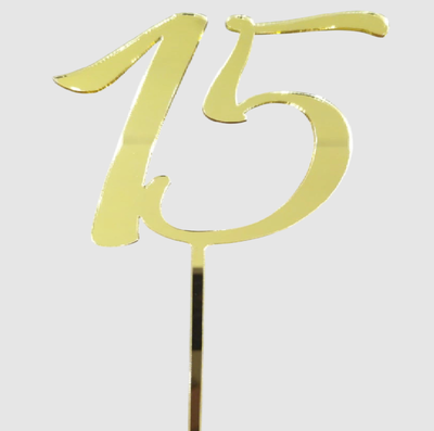 Topper acrílico número 15 DORADO ESPEJADO