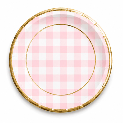 Plato cuadritos rosa pastel borde dorado x8 unidades