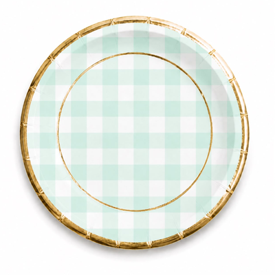 Plato cuadritos verde pastel borde dorado x8 unidades
