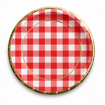 Plato cuadritos rojo borde dorado x8 unidades