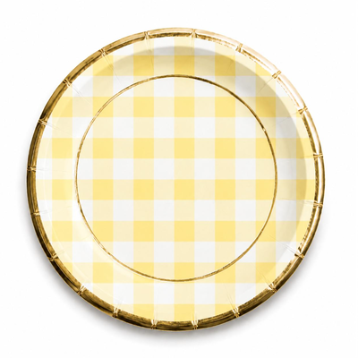 Plato cuadritos amarillo pastel borde dorado x8 unidades