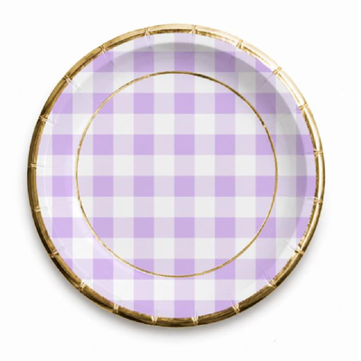 Plato cuadritos lila pastel borde dorado x8 unidades