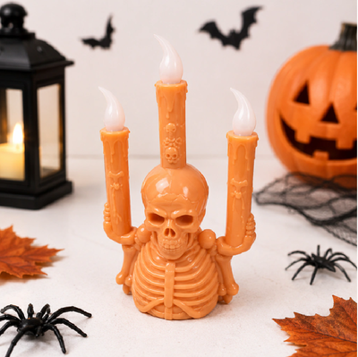 Velón led 6cm ESQUELETO naranja halloween (incluye pilas)