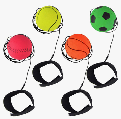 Pelota de goma con cuerda elástica y pulsera en bolsita