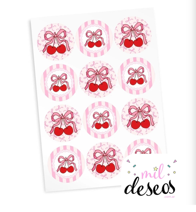 Sticker Cereza moño rosa x12