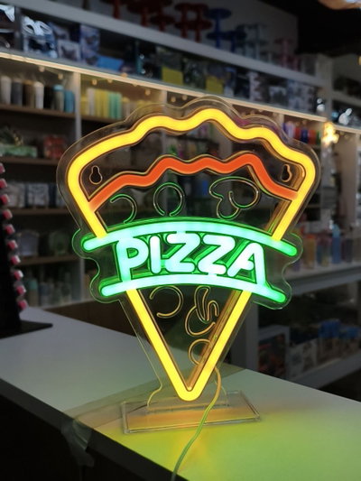 Cartel dibujo PIZZA NEON con base a USB en caja marrón