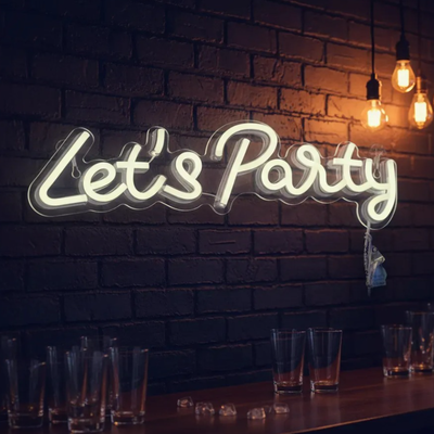 Cartel "Lest's Party" NEON blanco frío a USB en caja marrón