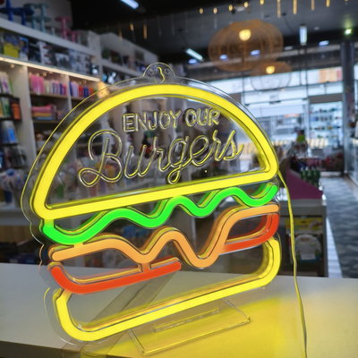 Cartel dibujo HAMBURGUESA NEON con base a USB en caja marrón