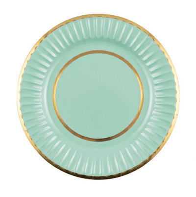 Plato aqua pastel doble borde dorado 23cm x10 unidades