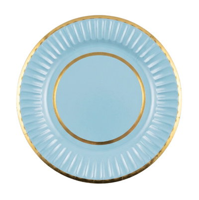 Plato celeste pastel doble borde dorado 23cm x10 unidades