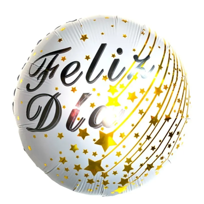 Globo redondo "Feliz día" BLANCO Y DORADO 45cm