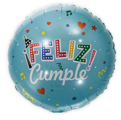 Globo redondo "Feliz cumple" CELESTE 45cm