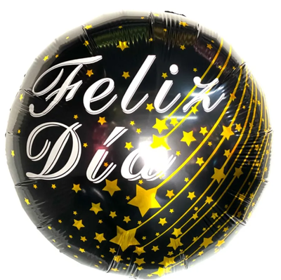 Globo redondo "Feliz día" NEGRO Y DORADO 45cm